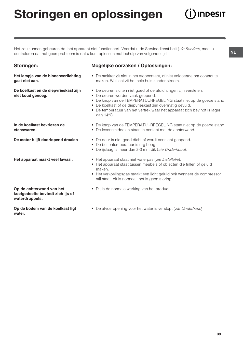 Storingen en oplossingen | Indesit IN S 1611 User Manual | Page 39 / 56