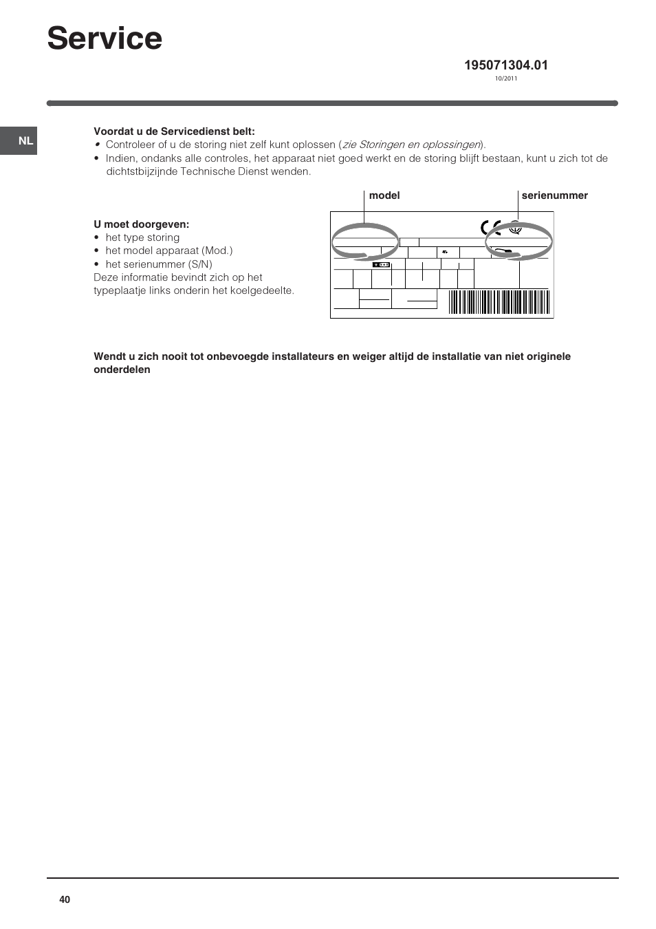 Service, Model serienummer | Indesit IN S 1611 User Manual | Page 40 / 56