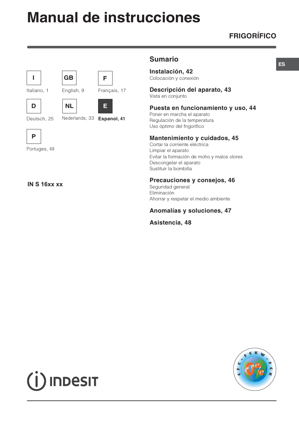 Manual de instrucciones, Frigorífico sumario | Indesit IN S 1611 User Manual | Page 41 / 56