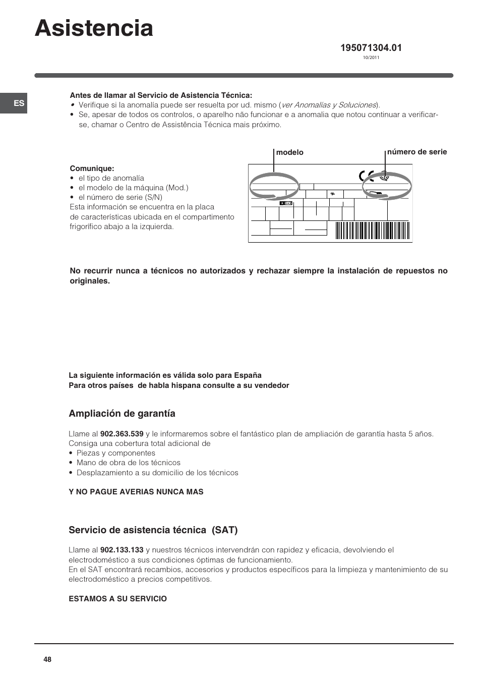 Asistencia, Ampliación de garantía, Servicio de asistencia técnica (sat) | Indesit IN S 1611 User Manual | Page 48 / 56