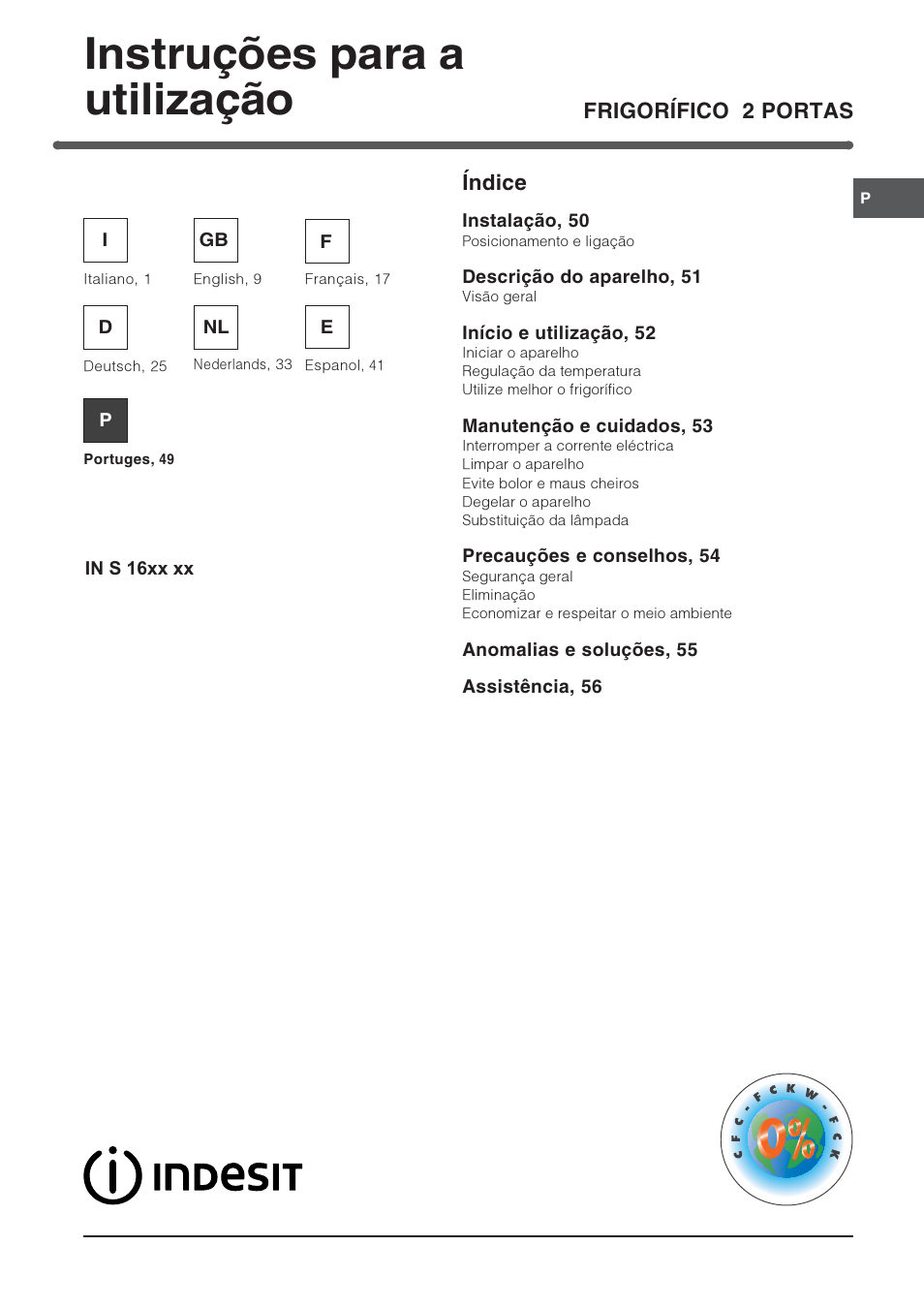 Instruções para a utilização, Frigorífico 2 portas índice | Indesit IN S 1611 User Manual | Page 49 / 56