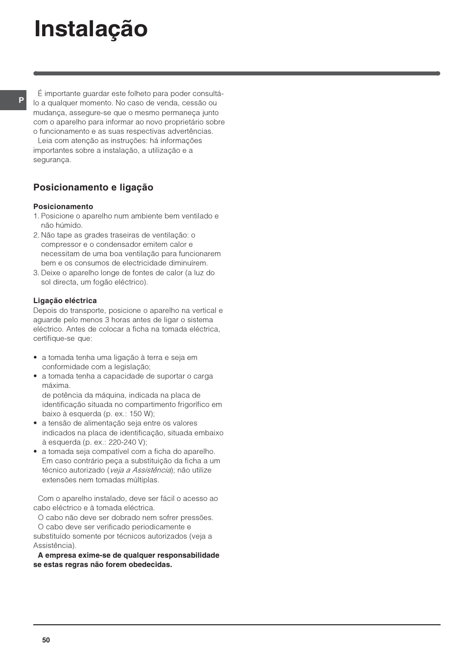 Instalação | Indesit IN S 1611 User Manual | Page 50 / 56