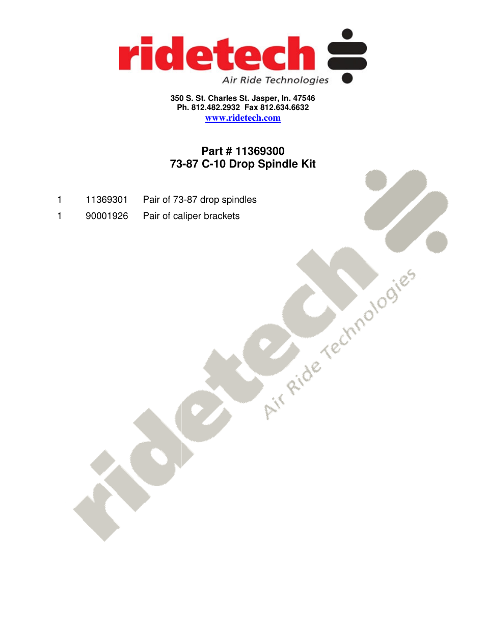 Ridetech 11369303 User Manual | 1 page