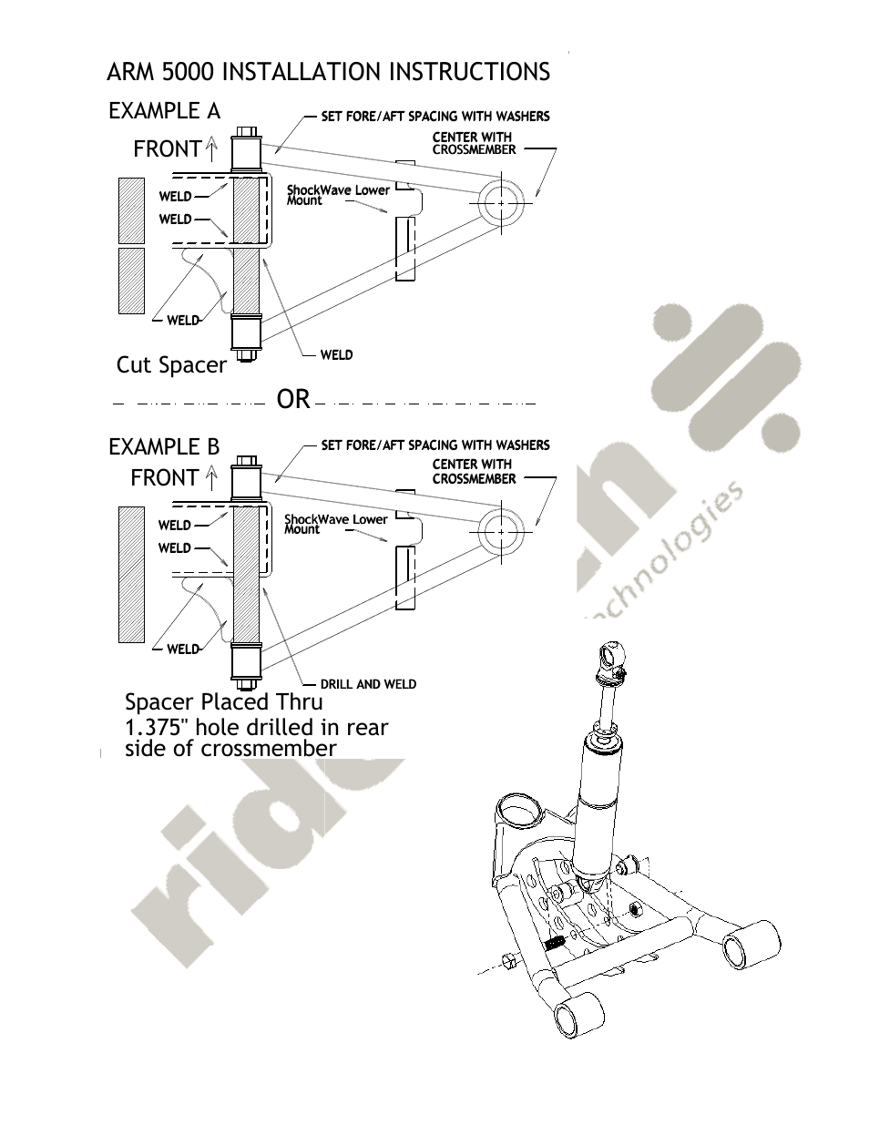 Arm 5000 installation instructions, Front example b, Cut spacer example a front | Ridetech 19012899 User Manual | Page 2 / 3