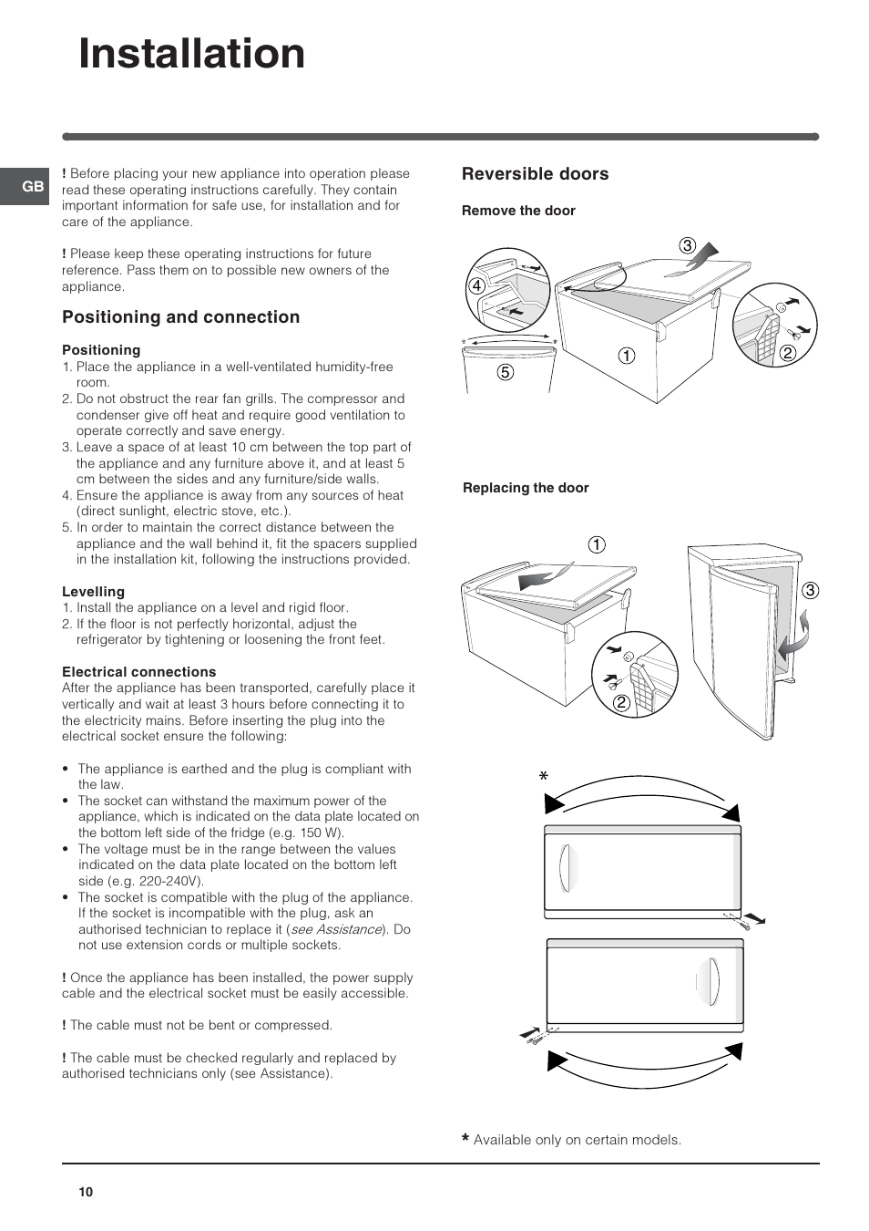 Installation, Positioning and connection, Reversible doors | Indesit TFAA 1 G User Manual | Page 10 / 48