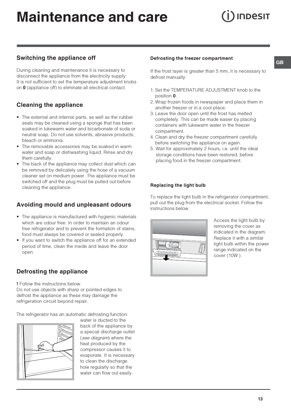 Maintenance and care | Indesit TFAA 1 G User Manual | Page 13 / 48