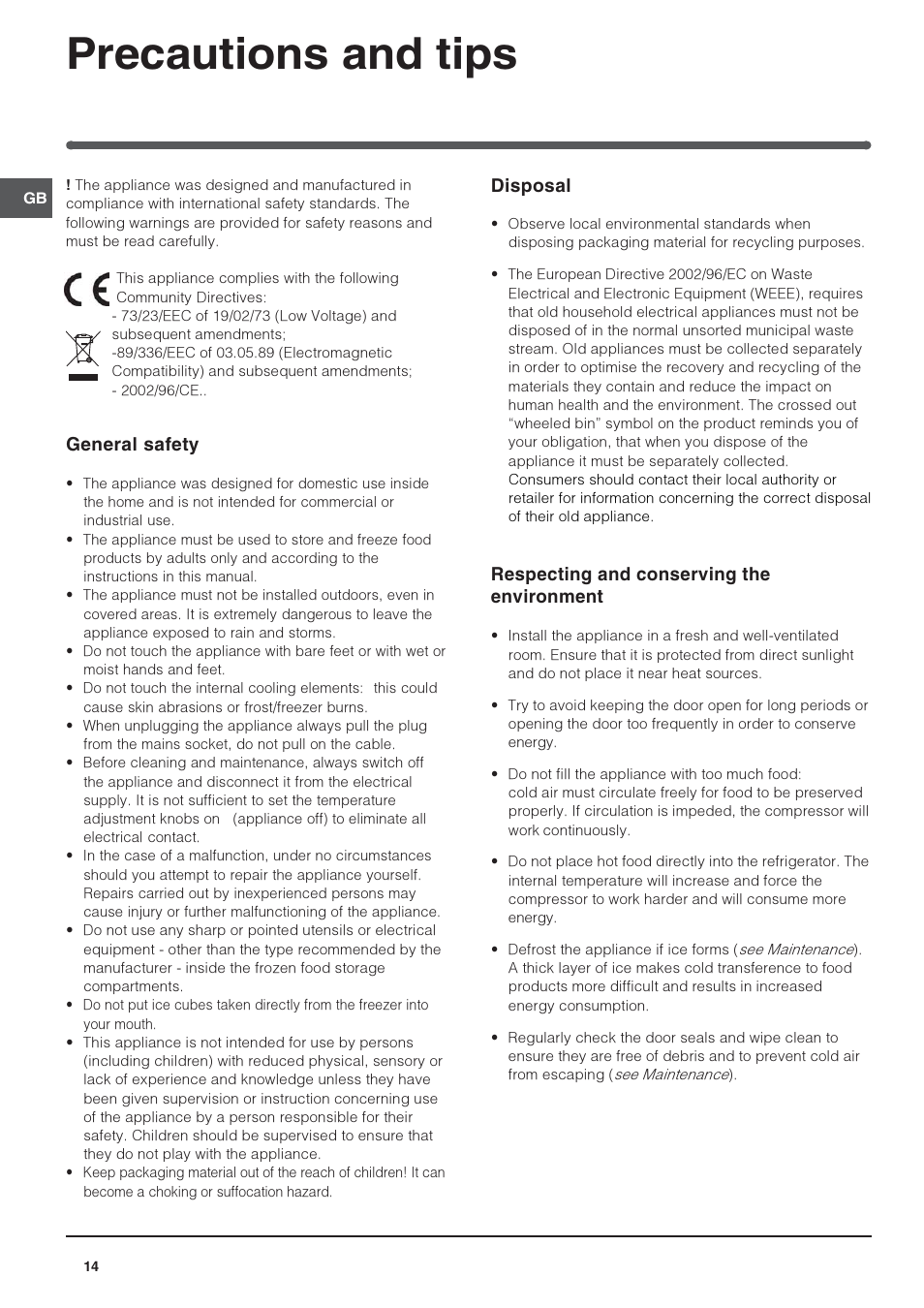 Precautions and tips, General safety, Disposal | Respecting and conserving the environment | Indesit TFAA 1 G User Manual | Page 14 / 48