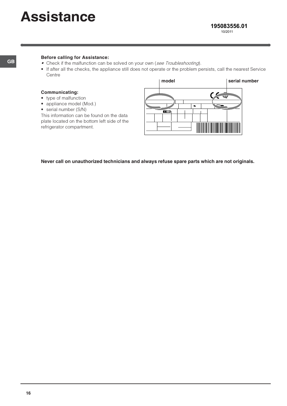 Assistance, Model serial number | Indesit TFAA 1 G User Manual | Page 16 / 48