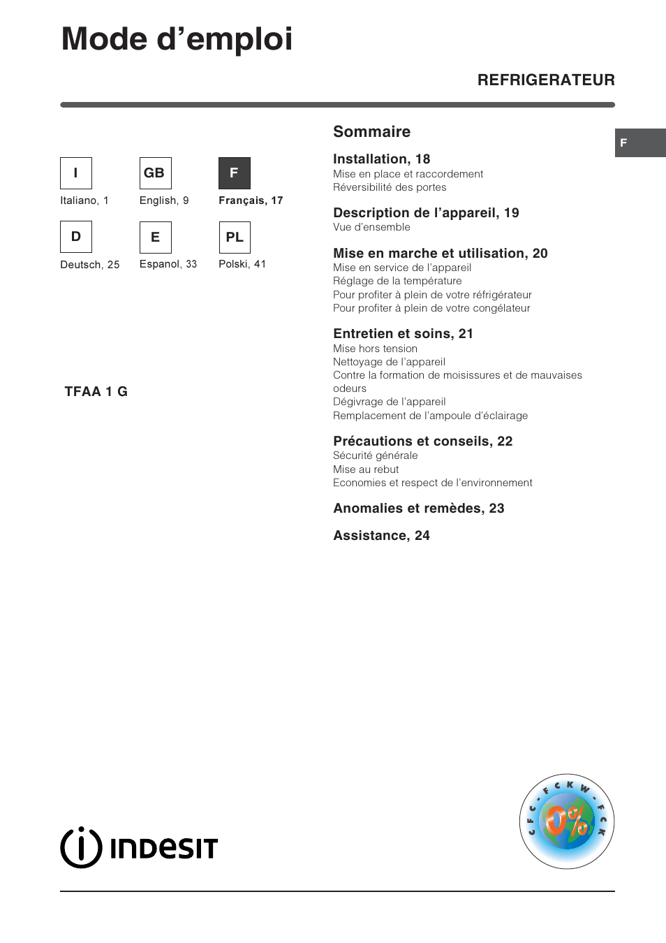 Mode demploi, Refrigerateur sommaire | Indesit TFAA 1 G User Manual | Page 17 / 48