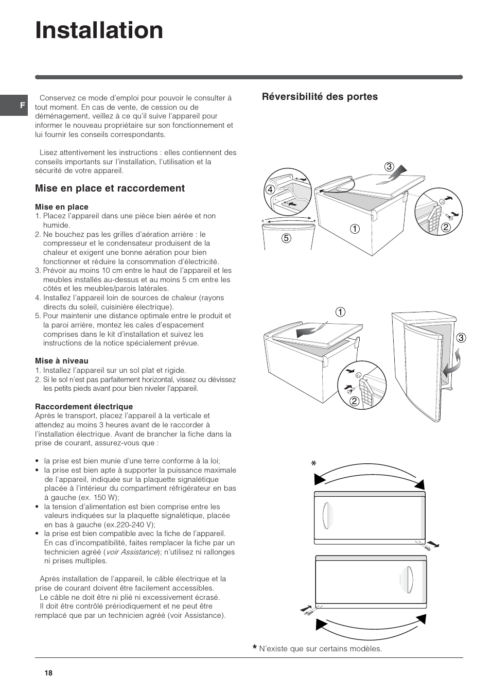 Installation, Mise en place et raccordement, Réversibilité des portes | Indesit TFAA 1 G User Manual | Page 18 / 48