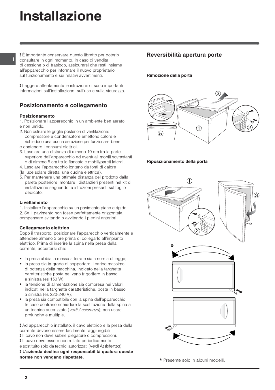 Installazione, Reversibilità apertura porte, Posizionamento e collegamento | Indesit TFAA 1 G User Manual | Page 2 / 48