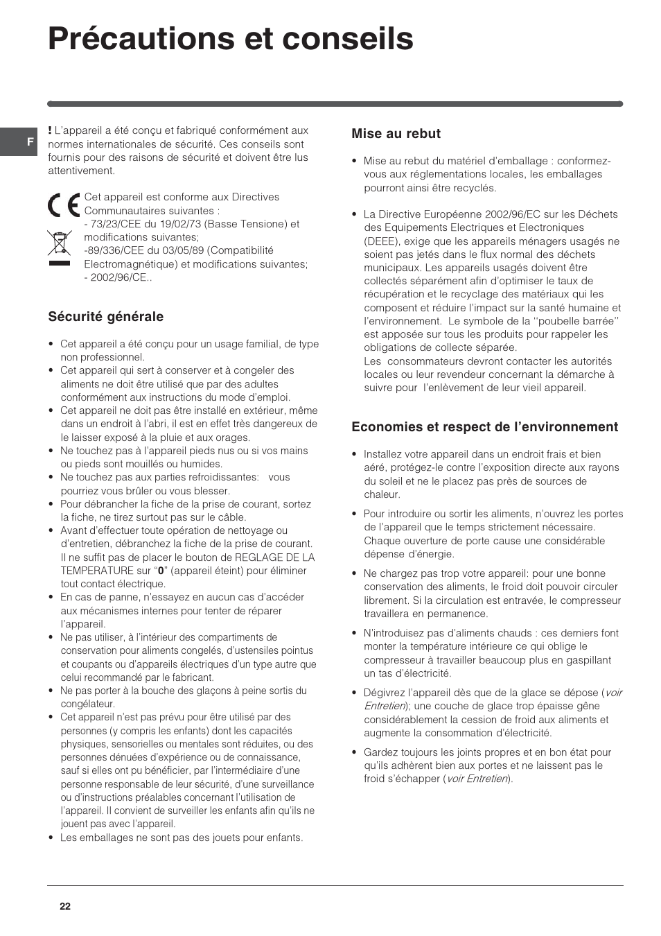 Précautions et conseils, Sécurité générale, Mise au rebut | Economies et respect de lenvironnement | Indesit TFAA 1 G User Manual | Page 22 / 48