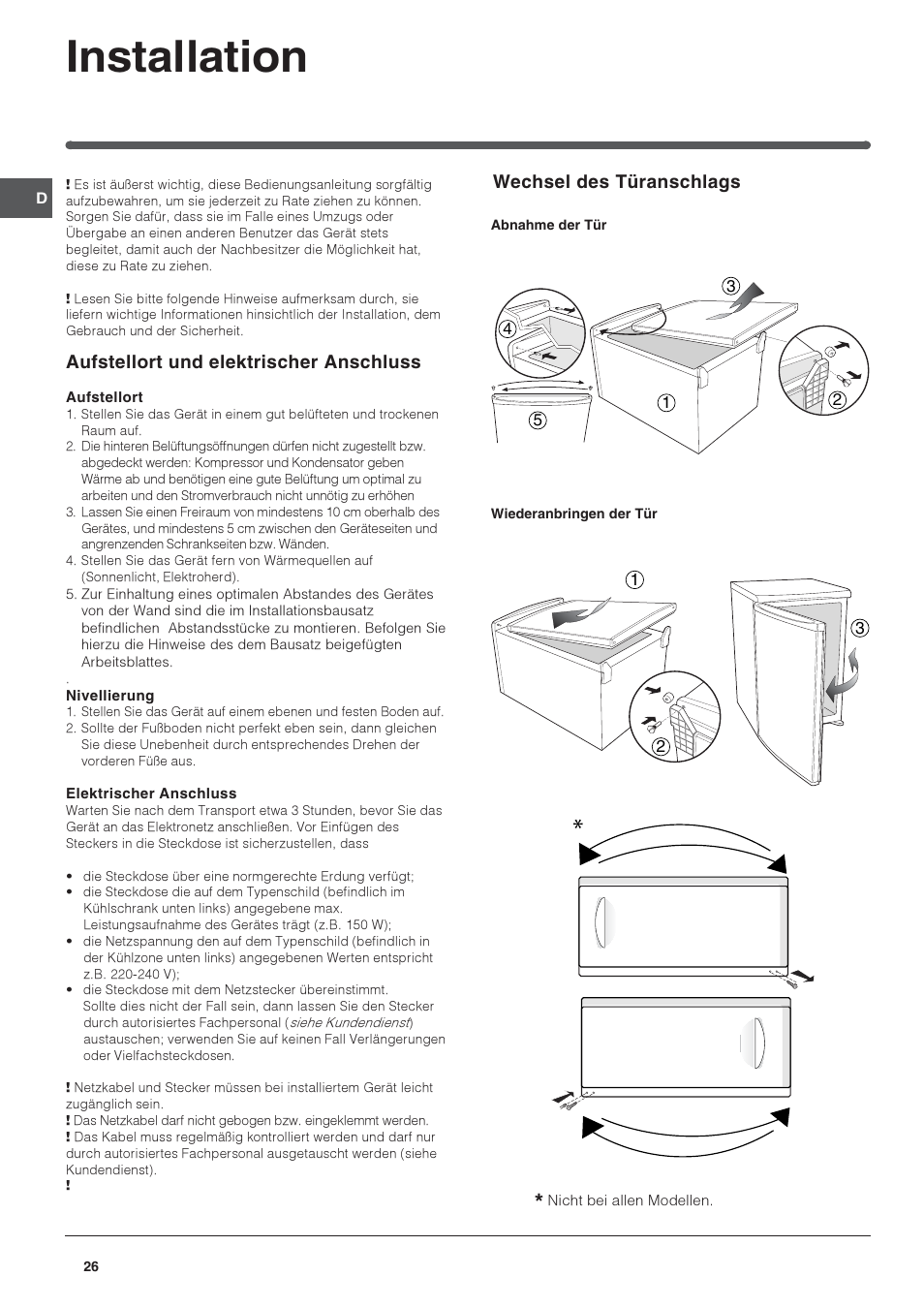 Installation, Aufstellort und elektrischer anschluss, Wechsel des türanschlags | Indesit TFAA 1 G User Manual | Page 26 / 48