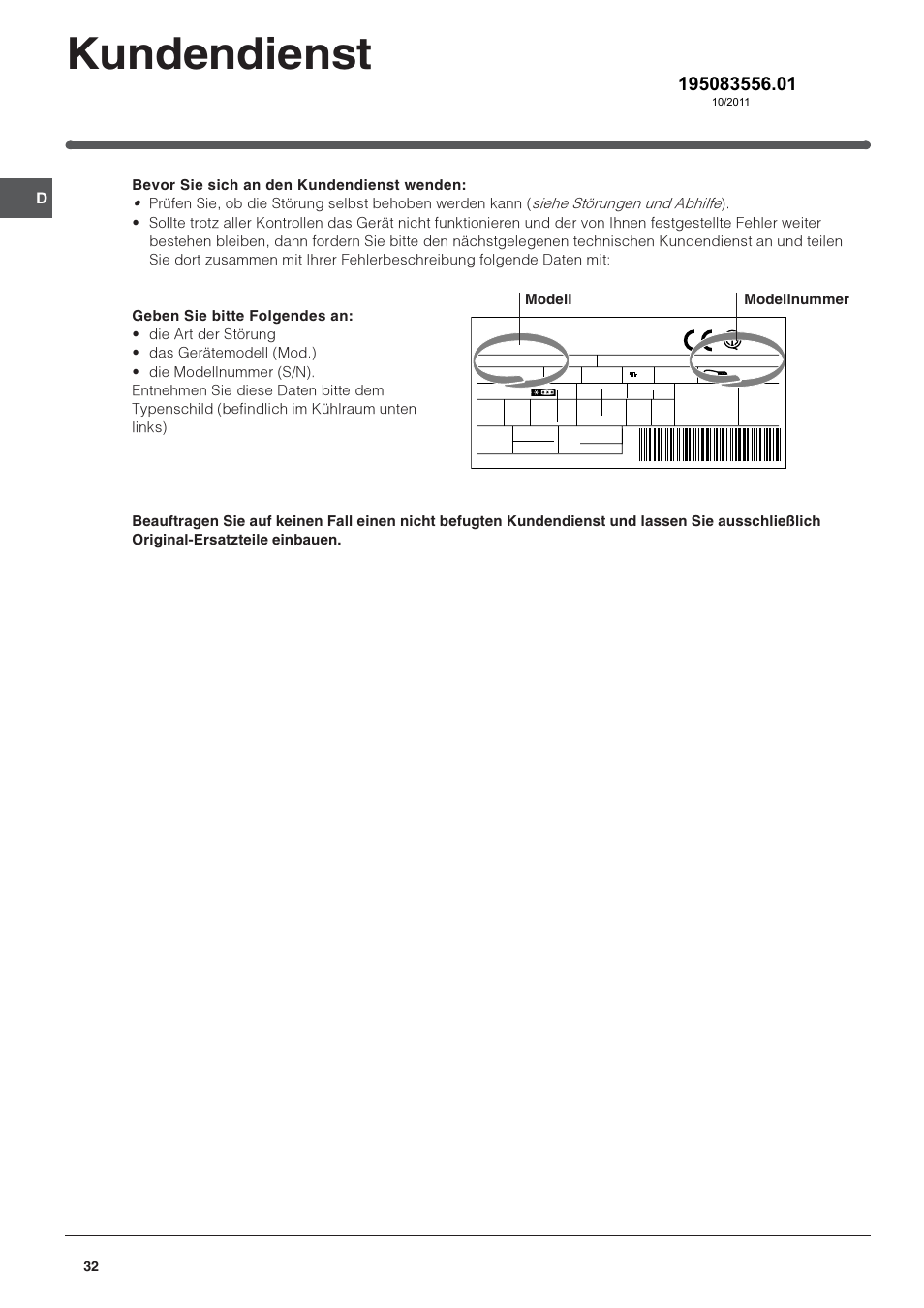 Kundendienst, Modell modellnummer | Indesit TFAA 1 G User Manual | Page 32 / 48