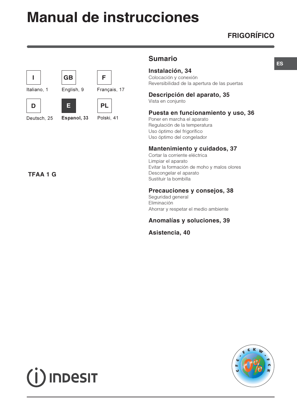 Manual de instrucciones, Frigorífico sumario | Indesit TFAA 1 G User Manual | Page 33 / 48