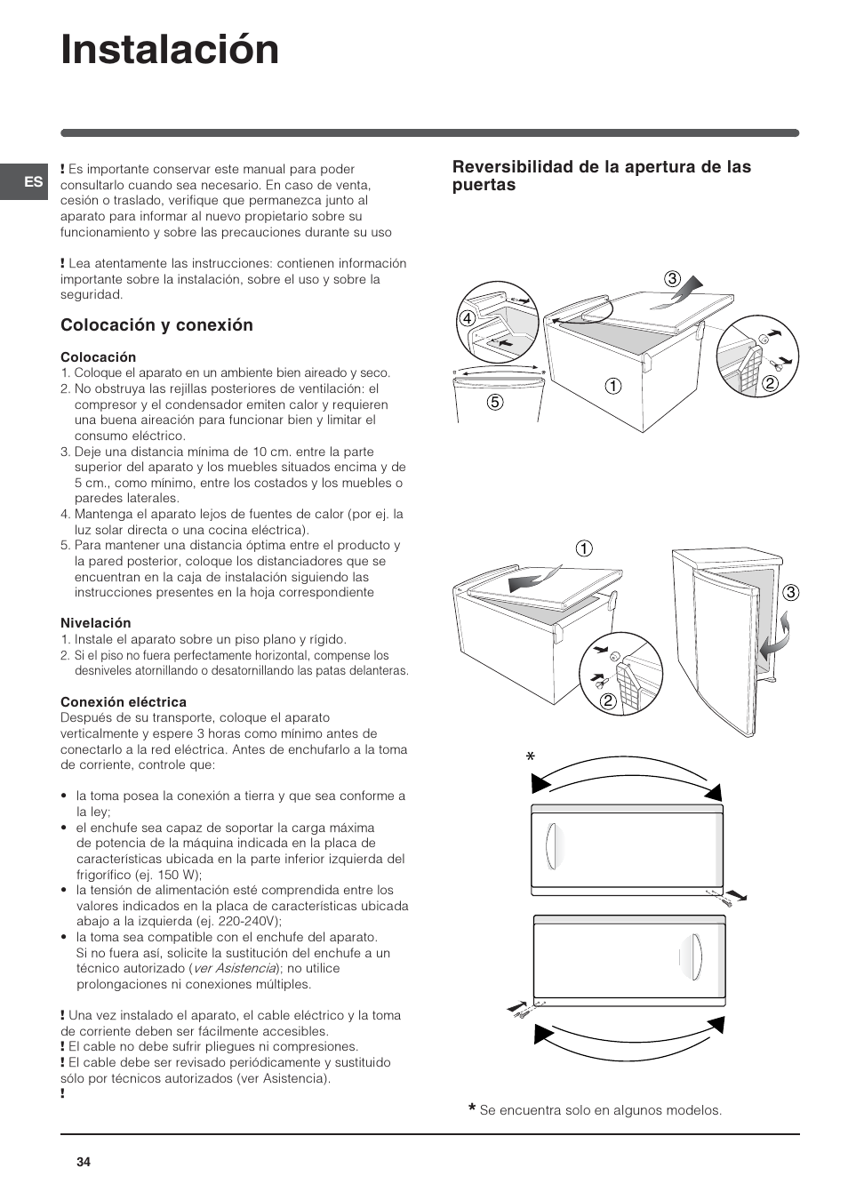 Instalación, Colocación y conexión, Reversibilidad de la apertura de las puertas | Indesit TFAA 1 G User Manual | Page 34 / 48