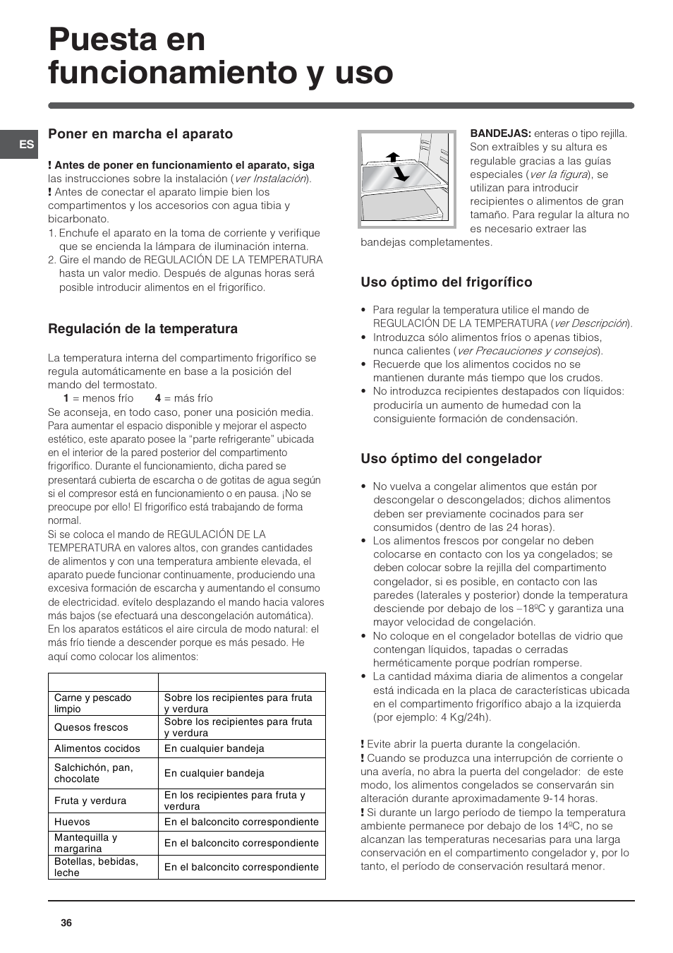 Puesta en funcionamiento y uso, Poner en marcha el aparato, Regulación de la temperatura | Uso óptimo del frigorífico, Uso óptimo del congelador | Indesit TFAA 1 G User Manual | Page 36 / 48