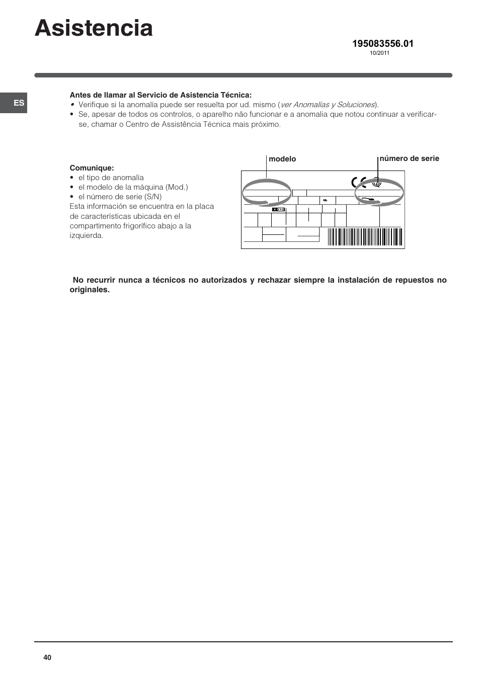 Asistencia, Modelo número de serie | Indesit TFAA 1 G User Manual | Page 40 / 48