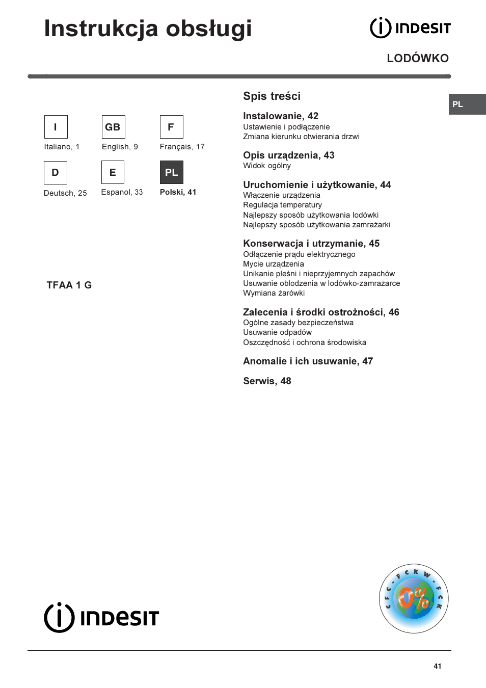 Instrukcja obs³ugi, Lodówko spis treci | Indesit TFAA 1 G User Manual | Page 41 / 48