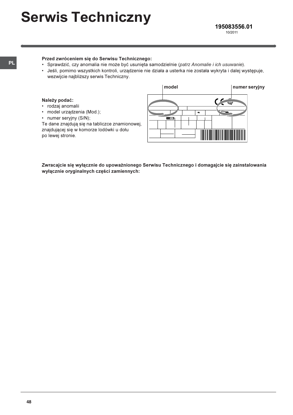 Serwis techniczny, Model numer seryjny | Indesit TFAA 1 G User Manual | Page 48 / 48