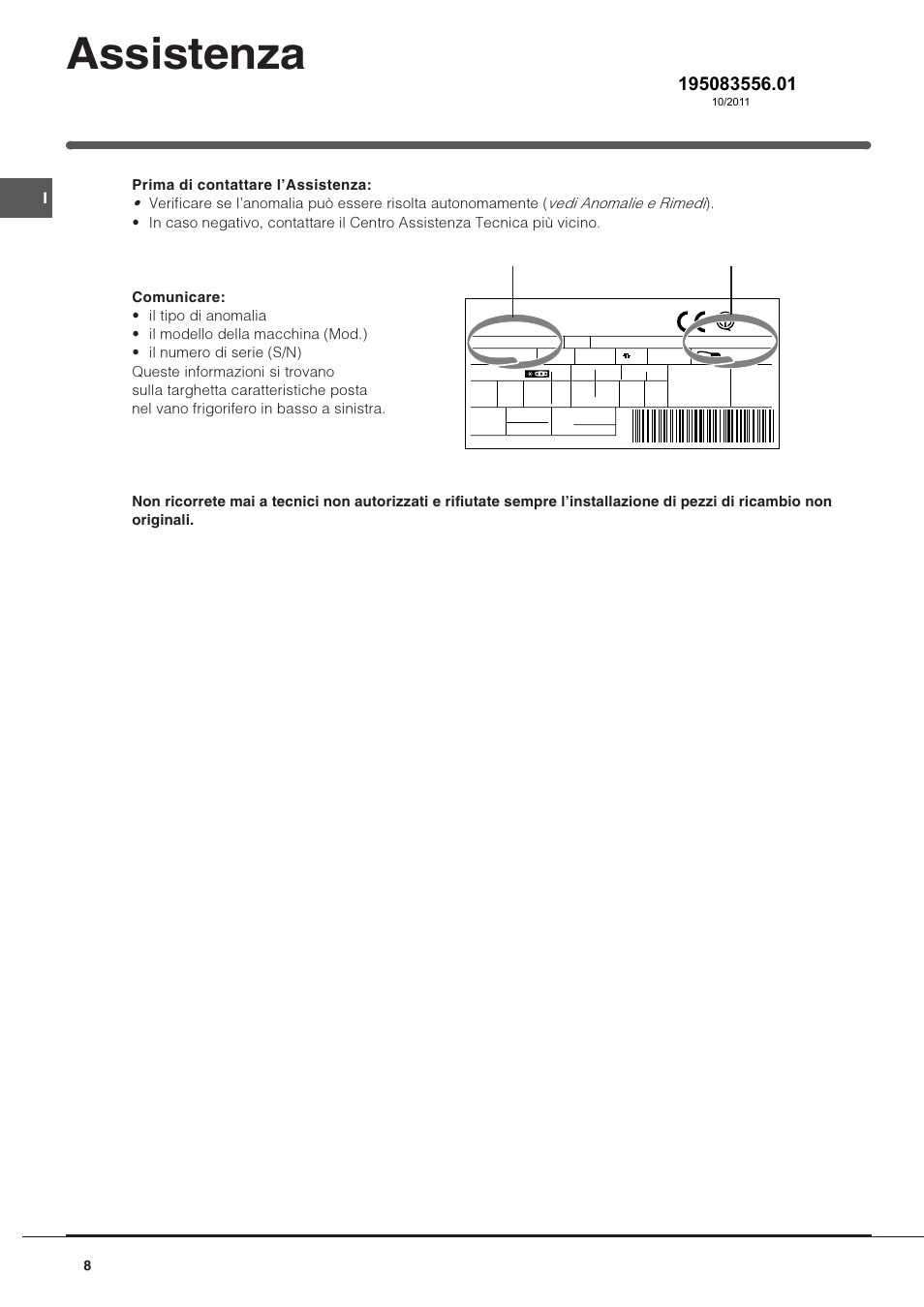 Assistenza, Modello numero di serie | Indesit TFAA 1 G User Manual | Page 8 / 48