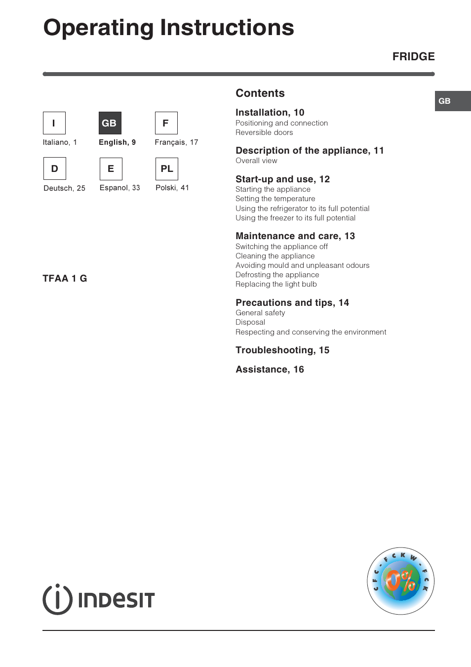 Operating instructions, Fridge contents | Indesit TFAA 1 G User Manual | Page 9 / 48