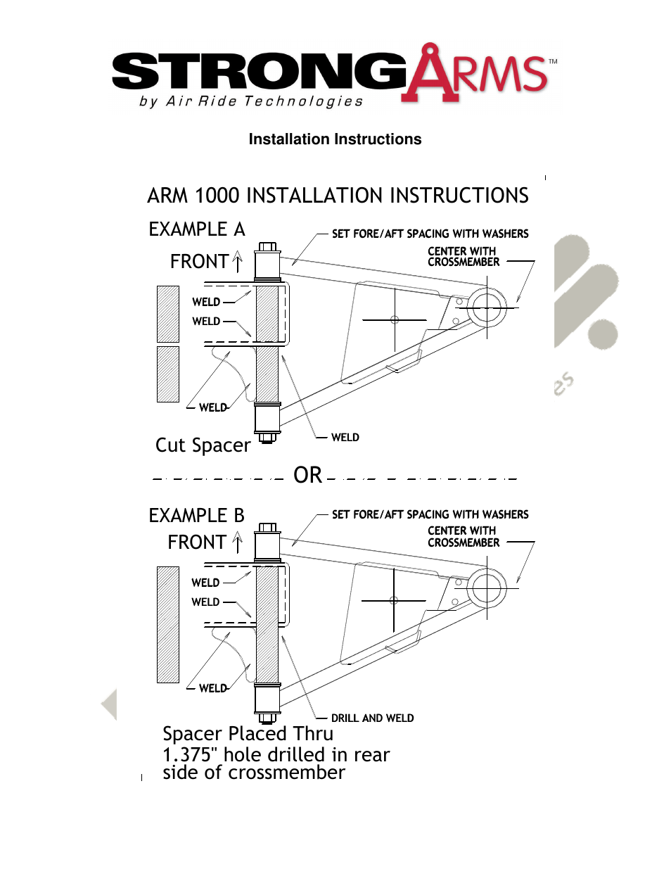 Arm 1000 installation instructions, Front example b, Cut spacer example a front | Ridetech 19011499 User Manual | Page 2 / 3