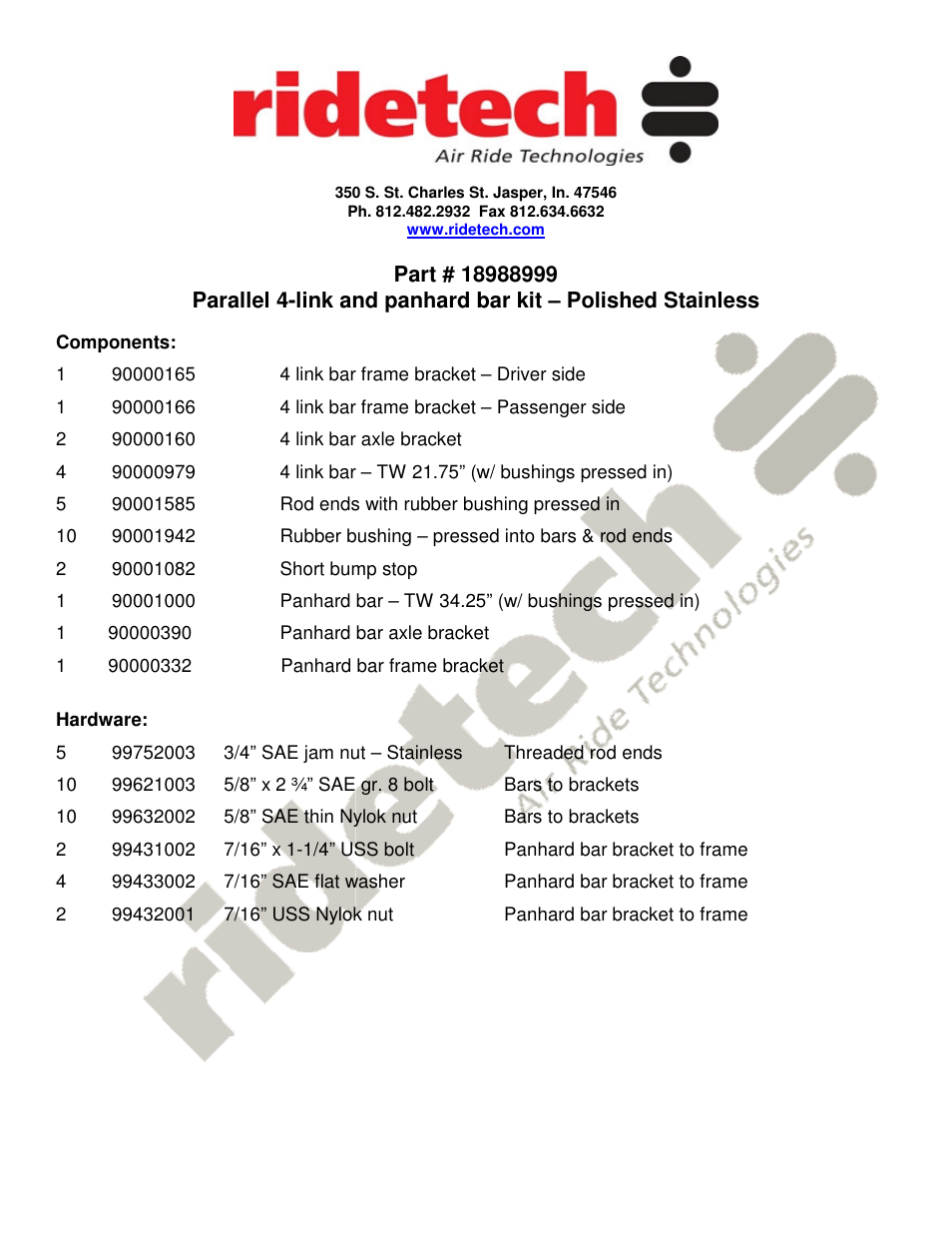 Ridetech 18988999 User Manual | 2 pages