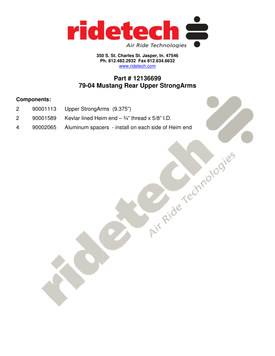 Ridetech 12136699 User Manual | 1 page
