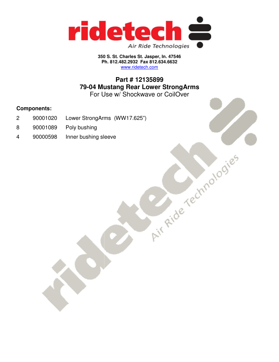 Ridetech 12135899 User Manual | 1 page