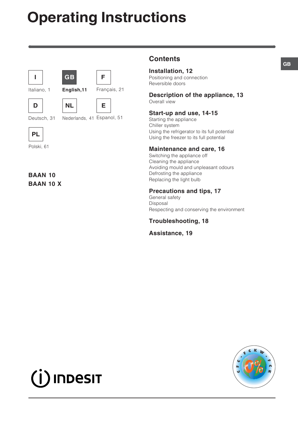 51589gb, Operating instructions, Refrigerator/freezer combination contents | Indesit BAAN 10 User Manual | Page 11 / 72