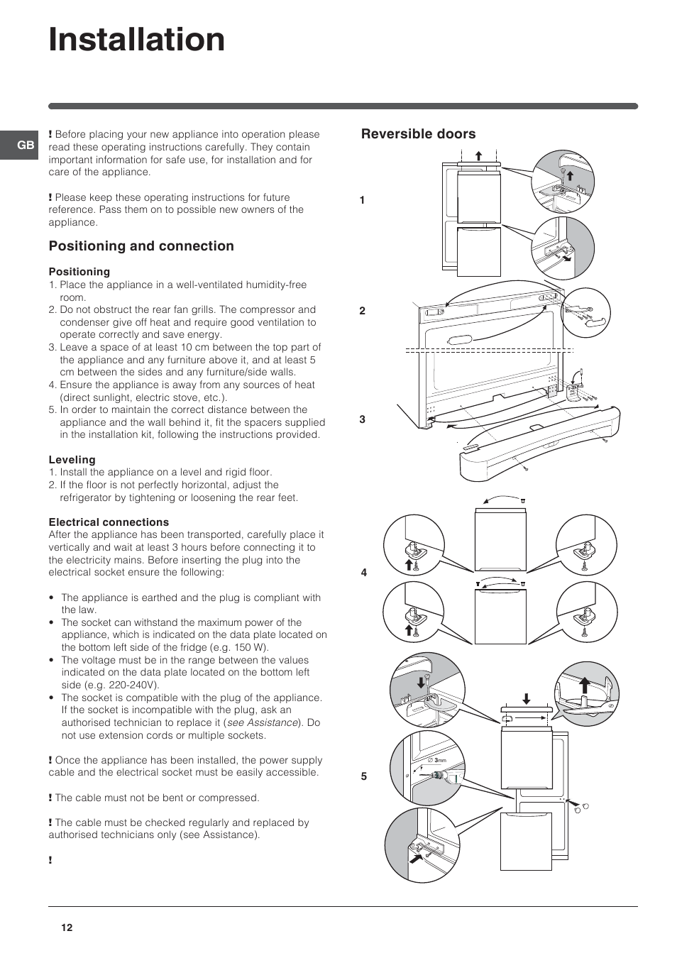 Installation, Reversible doors, Positioning and connection | Indesit BAAN 10 User Manual | Page 12 / 72