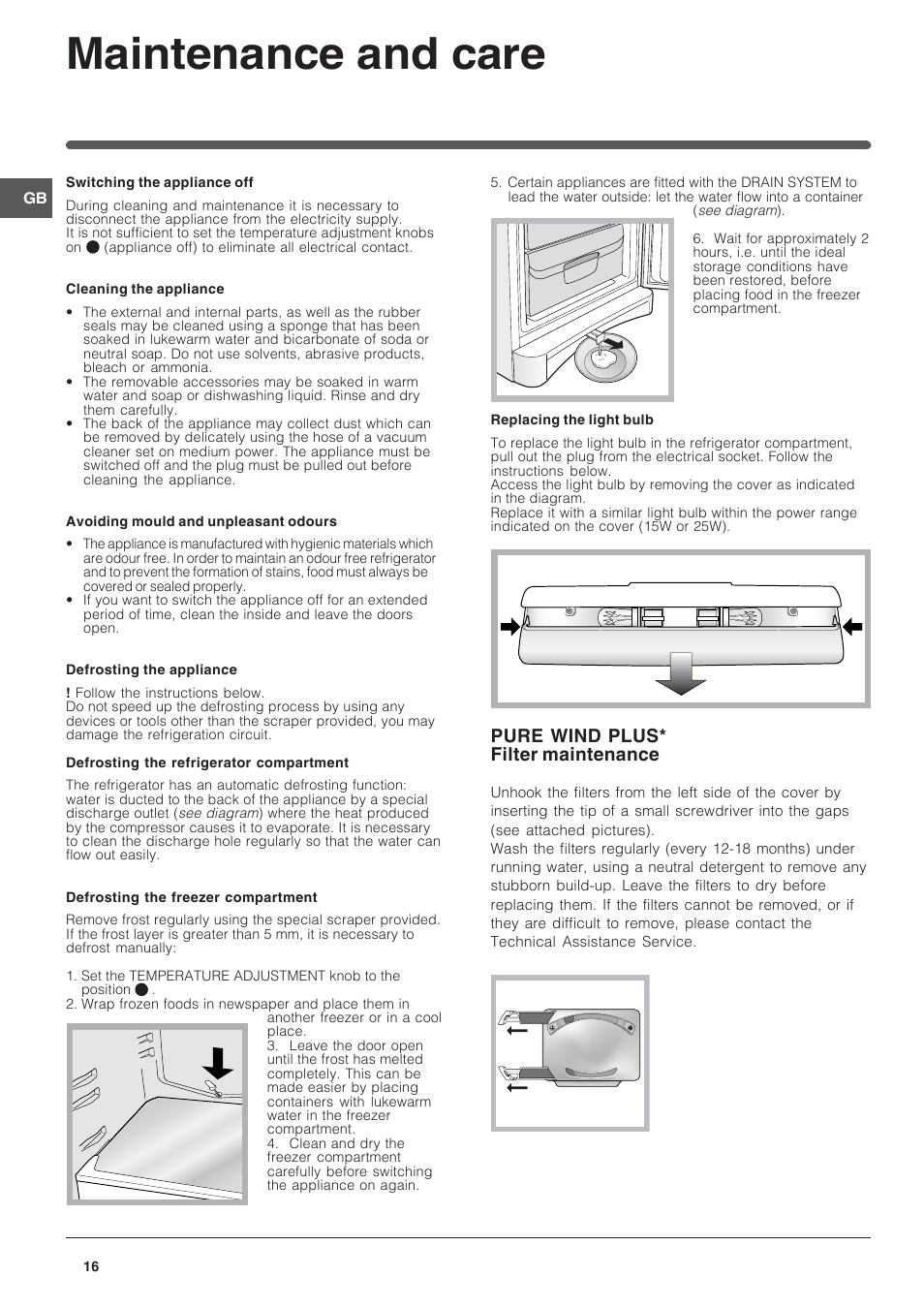 Maintenance and care, Pure wind plus* filter maintenance | Indesit BAAN 10 User Manual | Page 16 / 72
