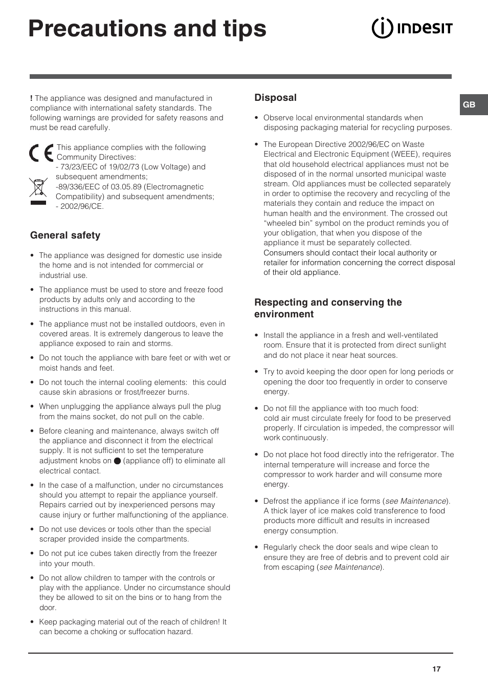 Precautions and tips | Indesit BAAN 10 User Manual | Page 17 / 72