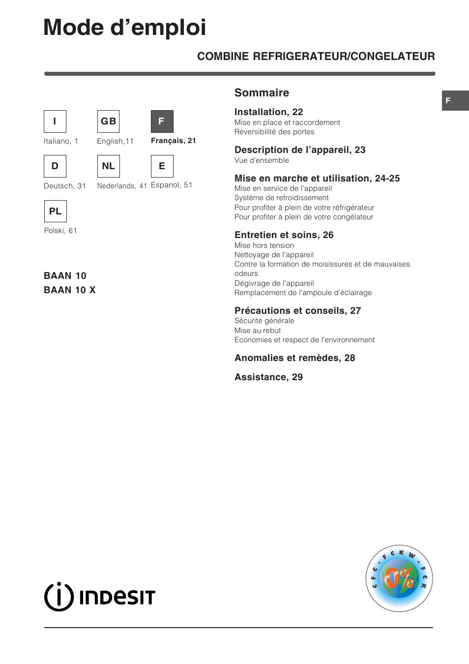51589fr, Mode d’emploi, Combine refrigerateur/congelateur sommaire | Indesit BAAN 10 User Manual | Page 21 / 72