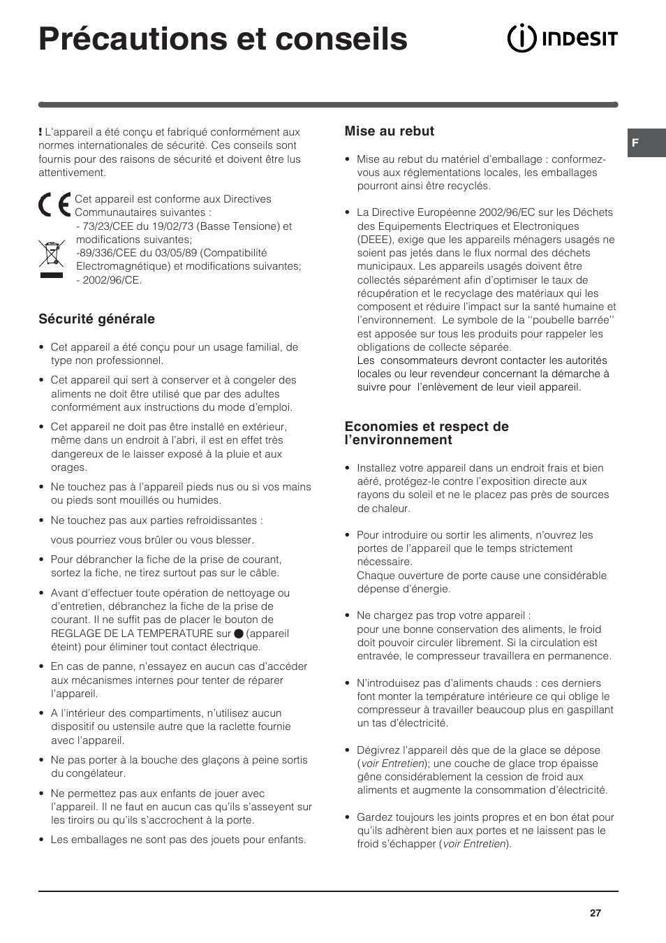 Précautions et conseils | Indesit BAAN 10 User Manual | Page 27 / 72