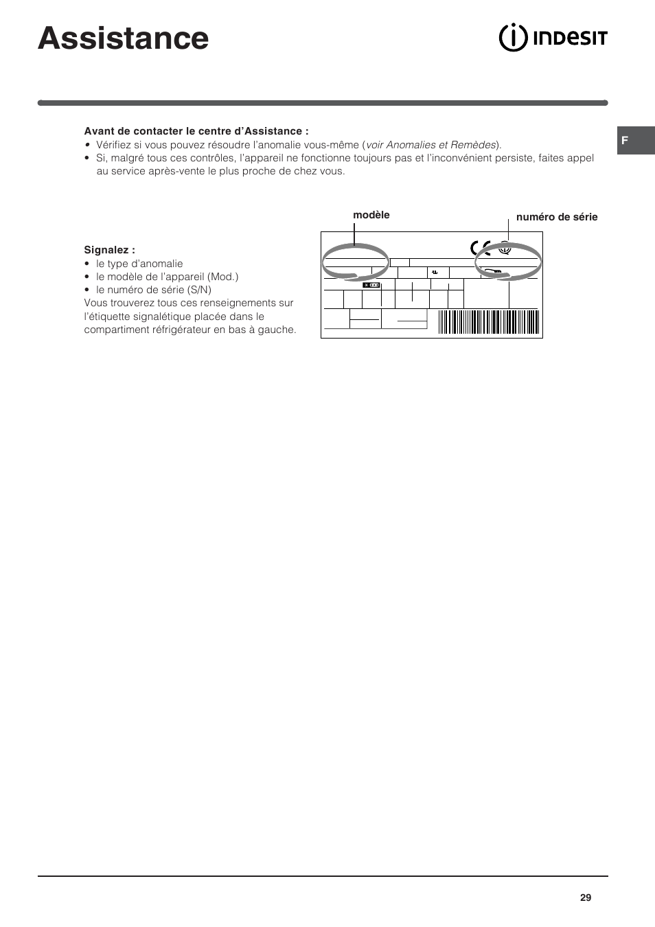 Assistance, Modèle numéro de série | Indesit BAAN 10 User Manual | Page 29 / 72