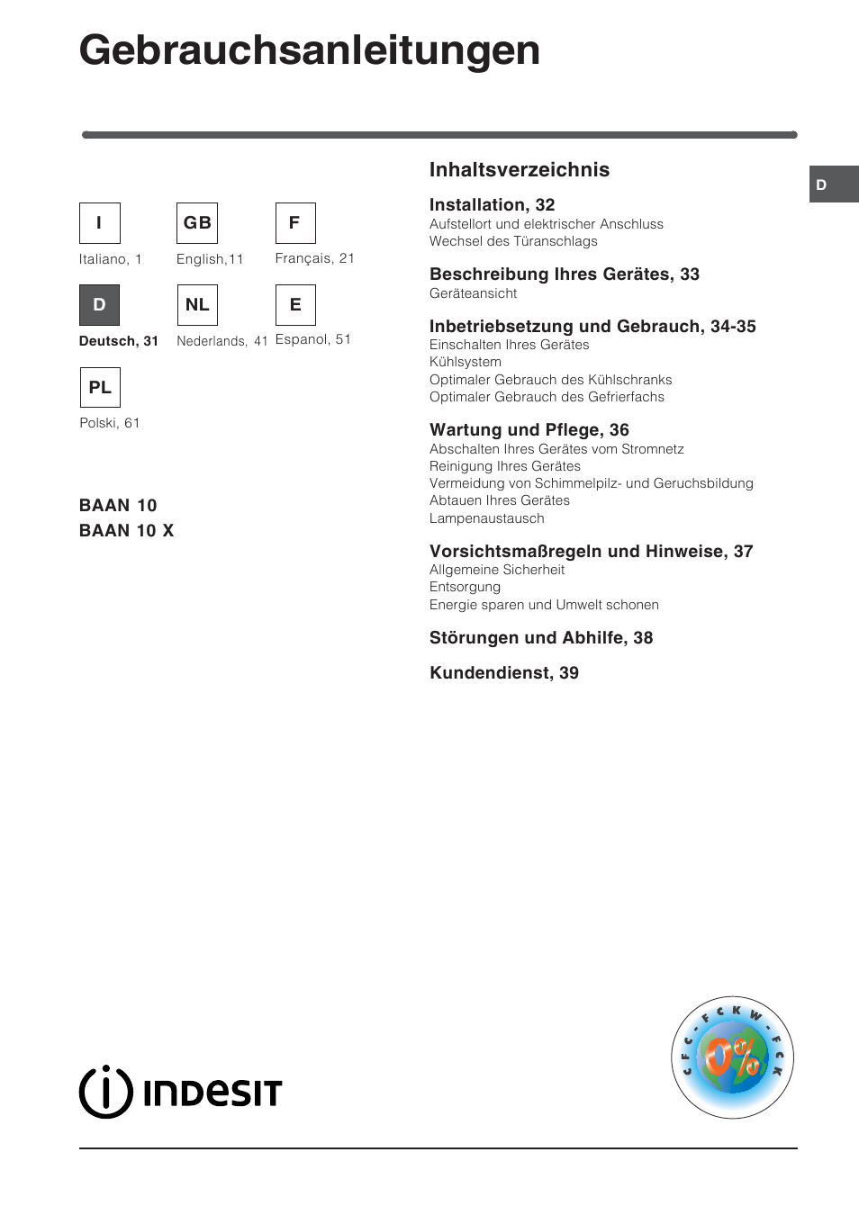 51589de, Gebrauchsanleitungen, Kühl-/gefrierkombi inhaltsverzeichnis | Indesit BAAN 10 User Manual | Page 31 / 72