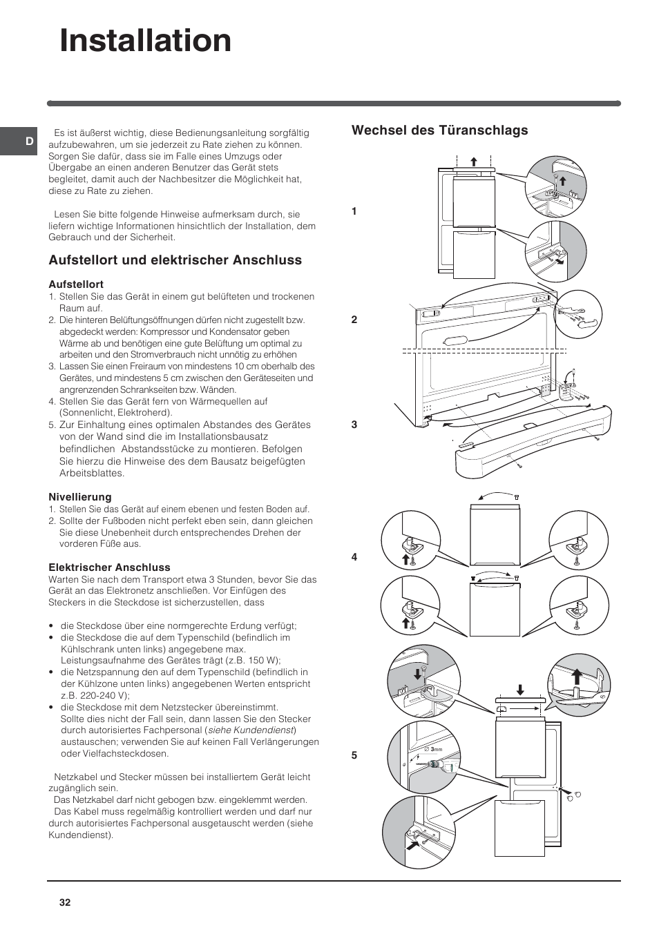 Installation, Wechsel des türanschlags, Aufstellort und elektrischer anschluss | Indesit BAAN 10 User Manual | Page 32 / 72