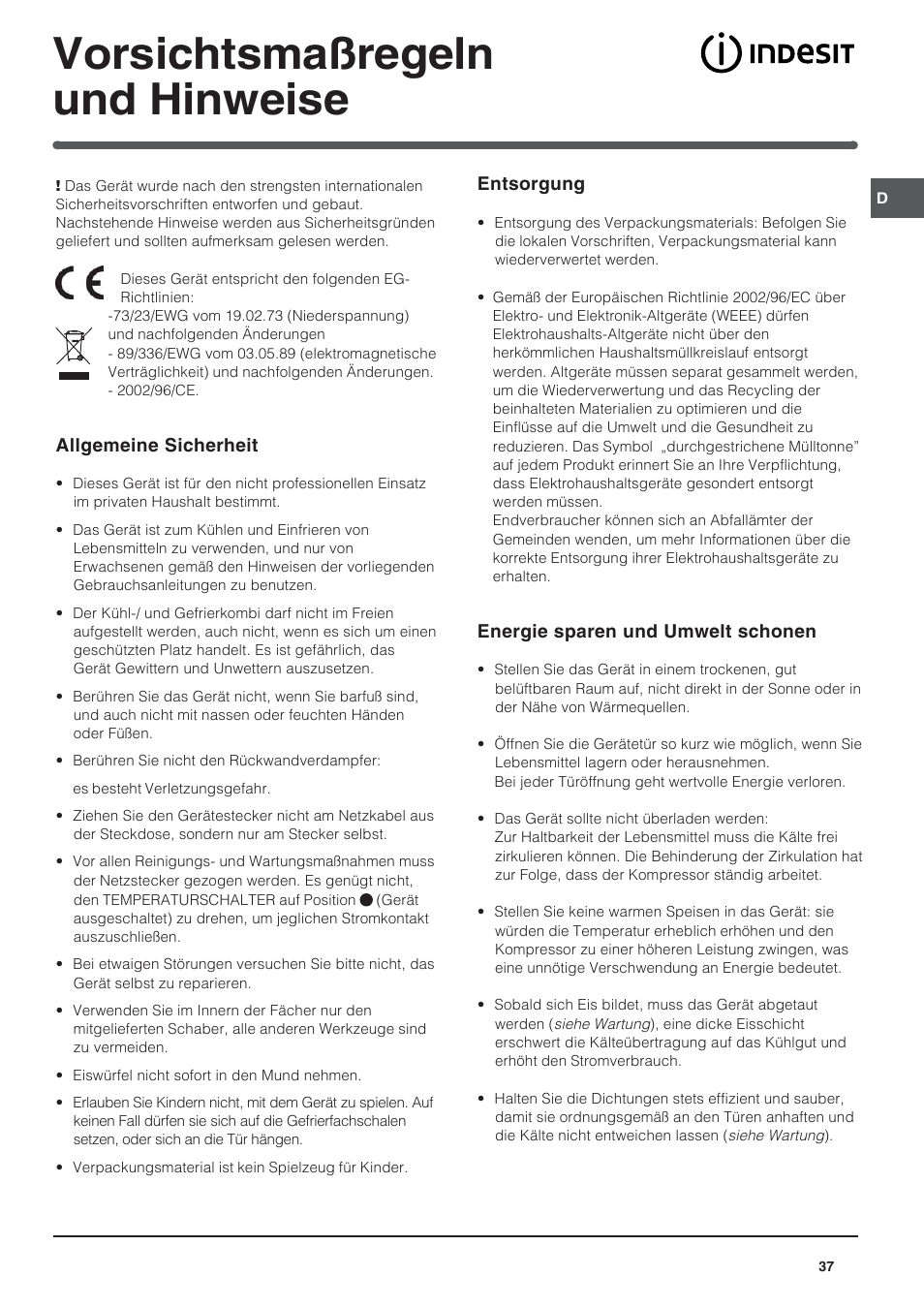 Vorsichtsmaßregeln und hinweise | Indesit BAAN 10 User Manual | Page 37 / 72
