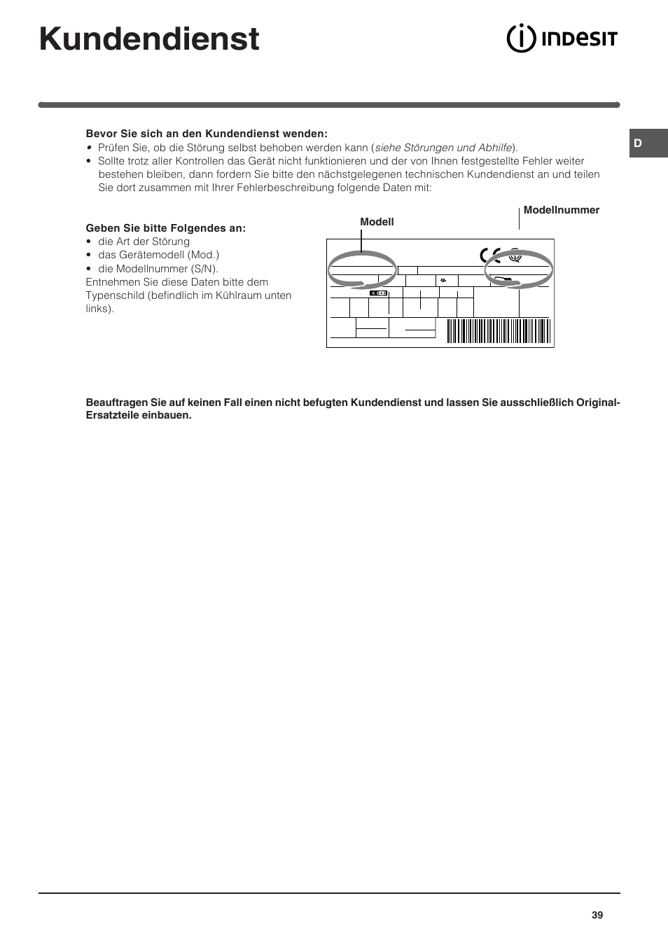 Kundendienst | Indesit BAAN 10 User Manual | Page 39 / 72