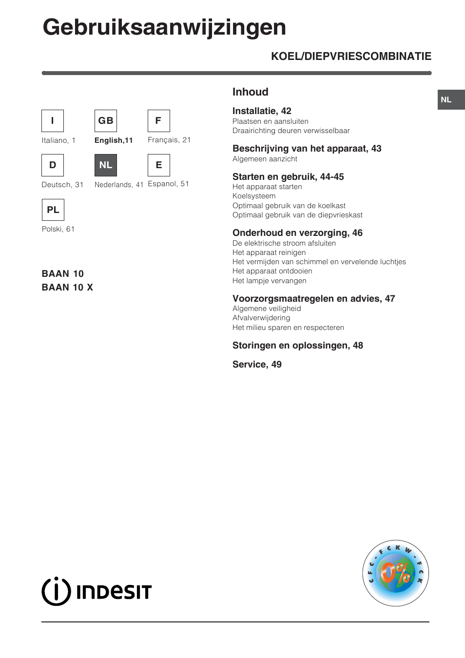 51589nl, Gebruiksaanwijzingen, Koel/diepvriescombinatie inhoud | Indesit BAAN 10 User Manual | Page 41 / 72