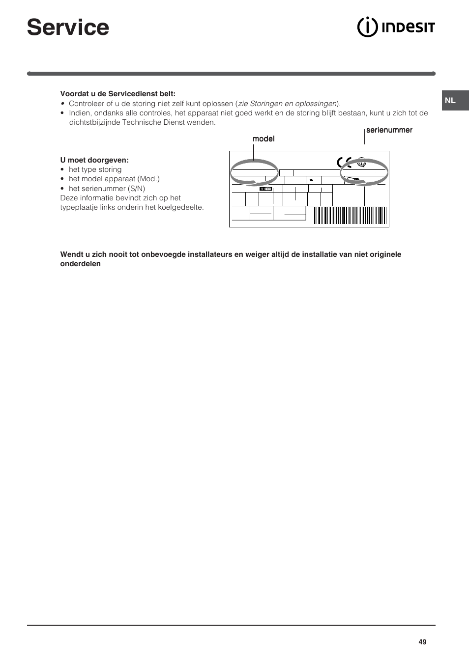 Service, Model | Indesit BAAN 10 User Manual | Page 49 / 72