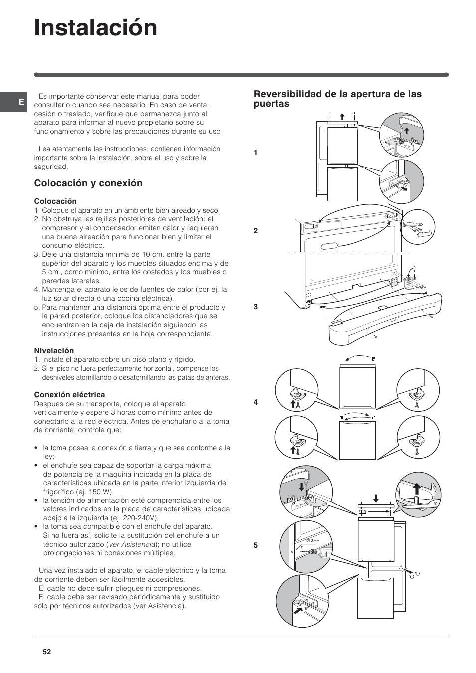 Instalación, Reversibilidad de la apertura de las puertas, Colocación y conexión | Indesit BAAN 10 User Manual | Page 52 / 72