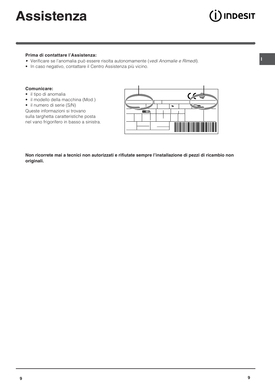 Assistenza, Modello numero di serie | Indesit BAAN 10 User Manual | Page 9 / 72