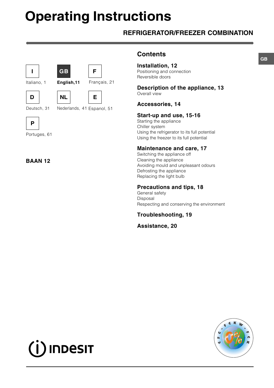 Operating instructions, Refrigerator/freezer combination contents | Indesit BAAN 12 User Manual | Page 11 / 72