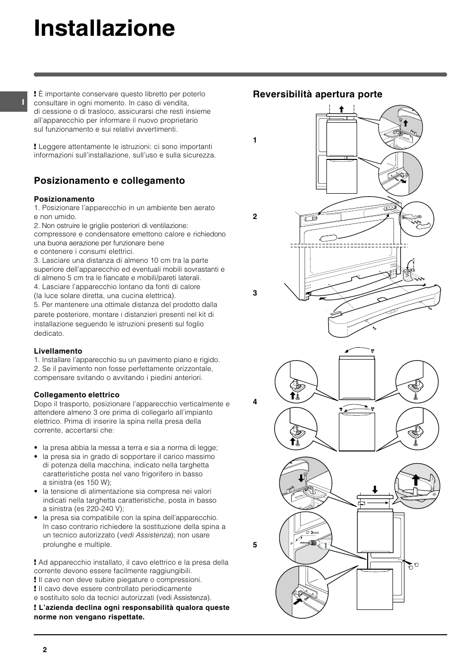 Installazione, Reversibilità apertura porte, Posizionamento e collegamento | Indesit BAAN 12 User Manual | Page 2 / 72