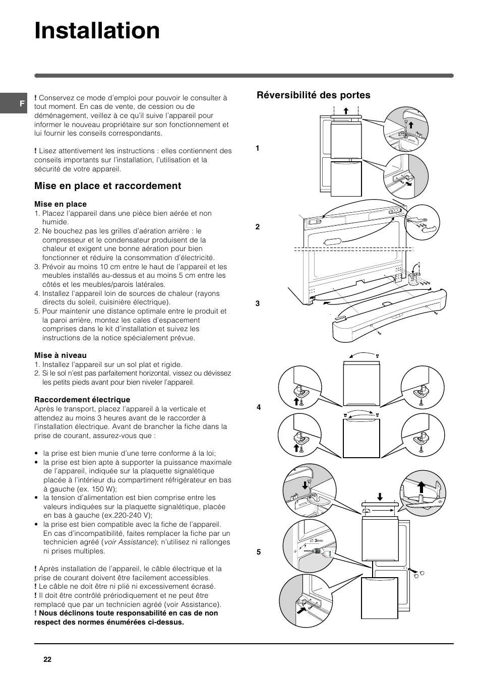 Installation, Réversibilité des portes, Mise en place et raccordement | Indesit BAAN 12 User Manual | Page 22 / 72