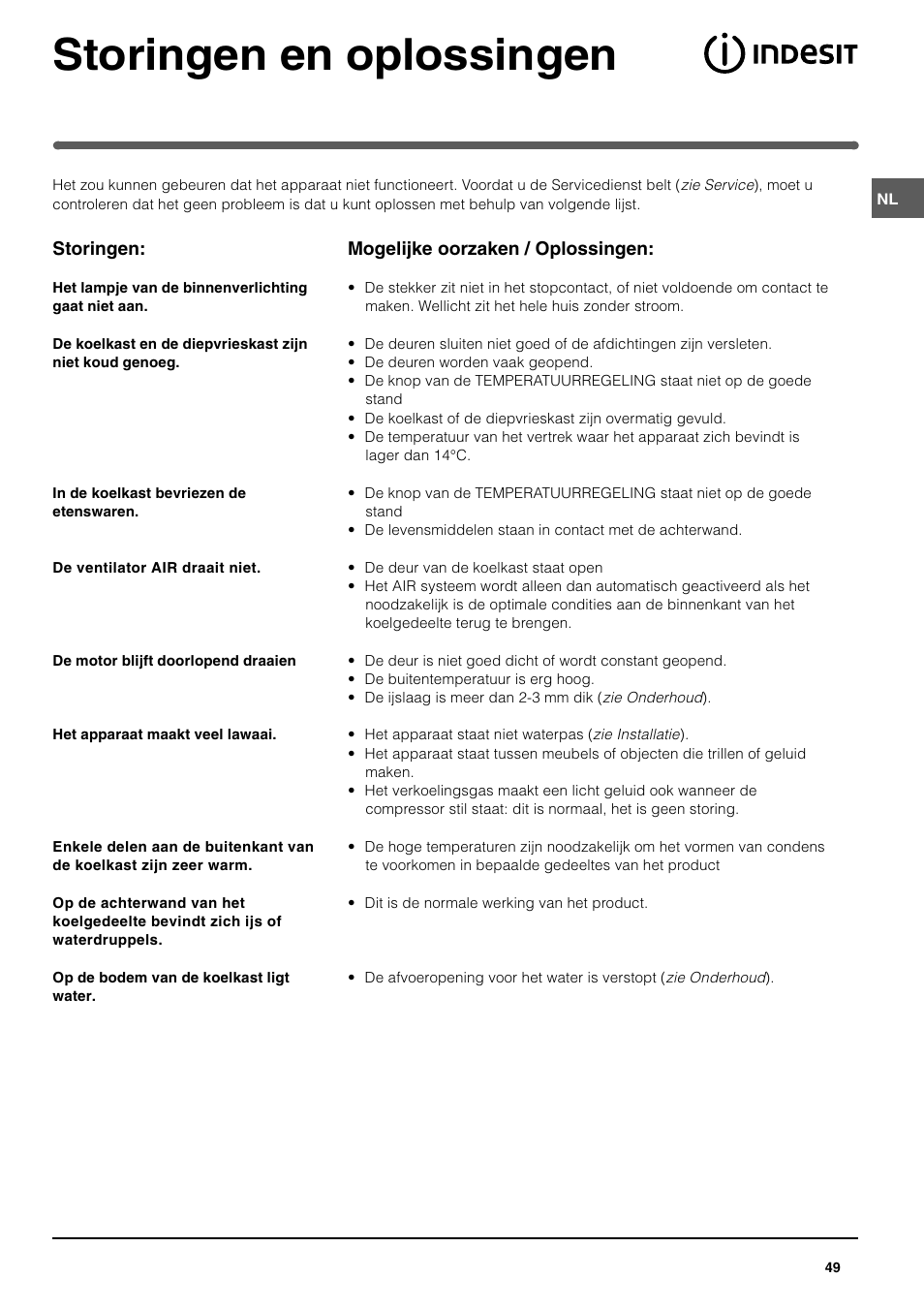 Storingen en oplossingen | Indesit BAAN 12 User Manual | Page 49 / 72