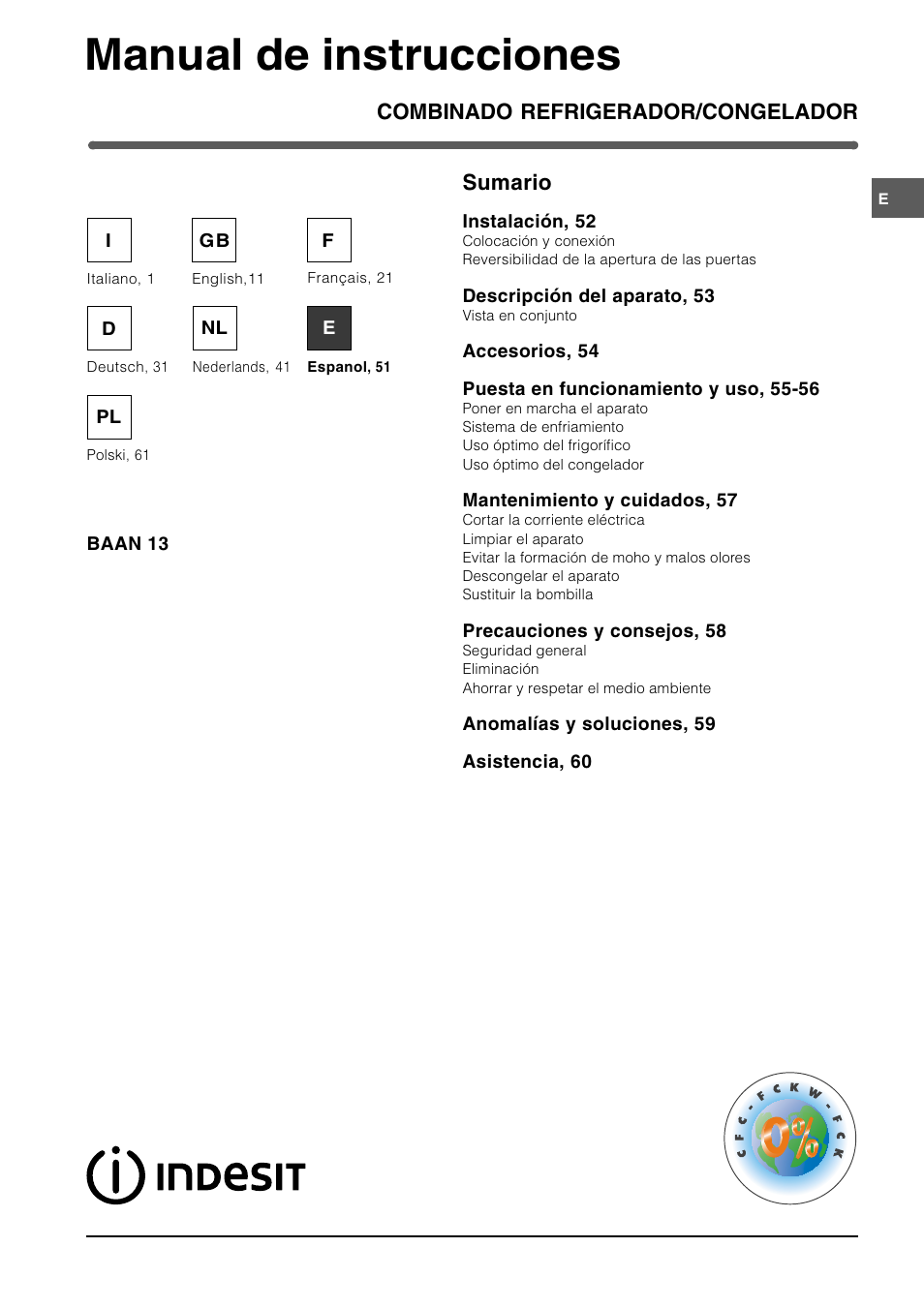 Manual de instrucciones, Combinado refrigerador/congelador sumario | Indesit BAAN 12 User Manual | Page 51 / 72